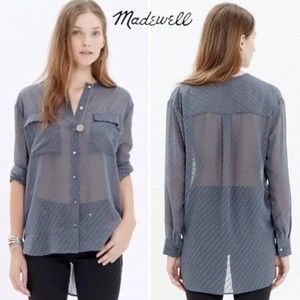 Madewell Sheer Polka Dot Gray Button Down Collared Blouse w/ Pockets Size Small